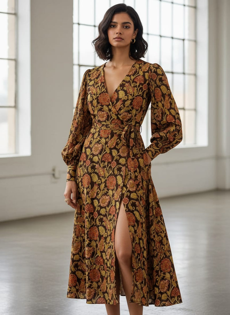 Brown Ornate Botanical Floral Print Weightless Digital Printed Fabric