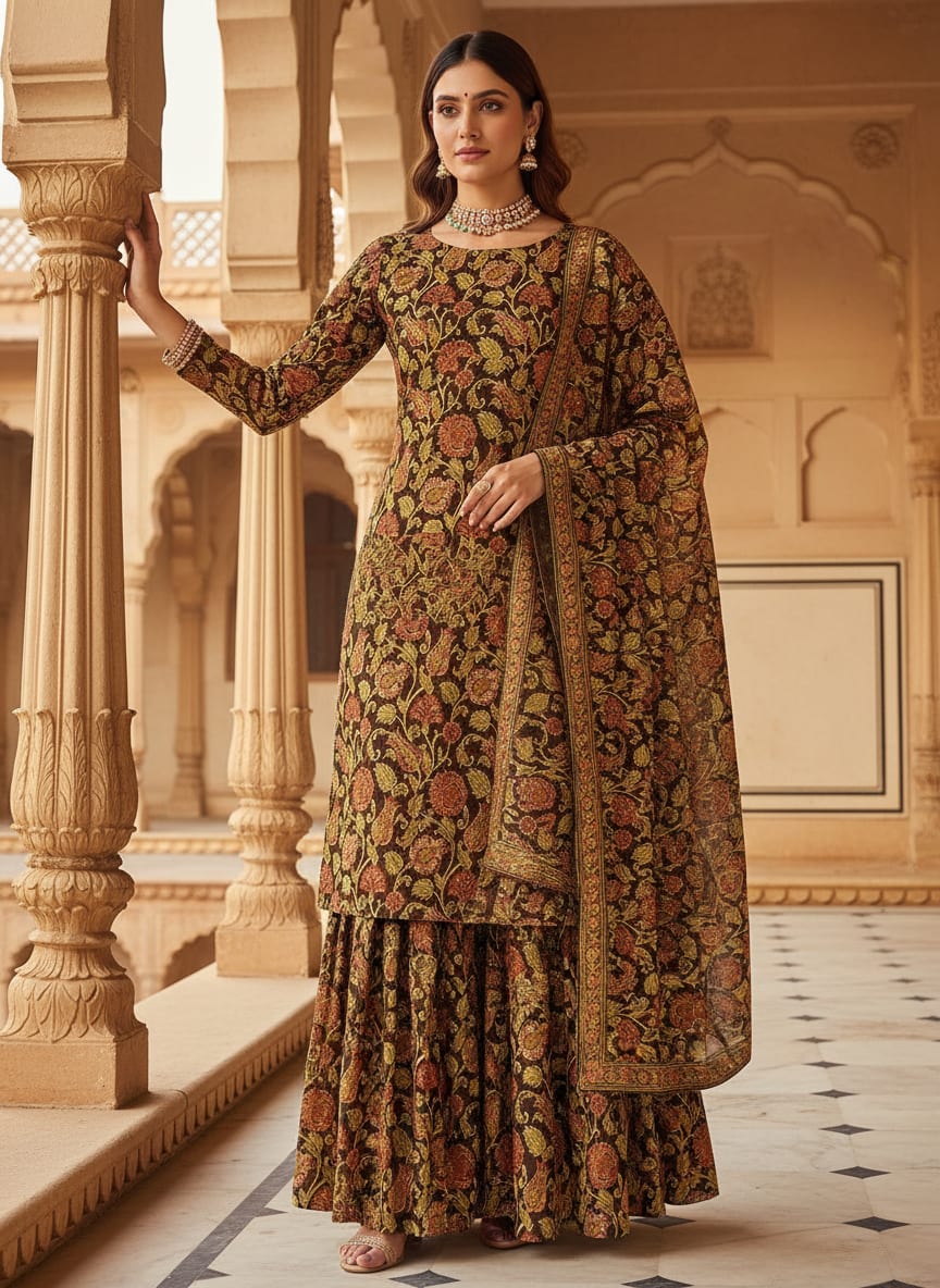 Brown Ornate Botanical Floral Print Weightless Digital Printed Fabric