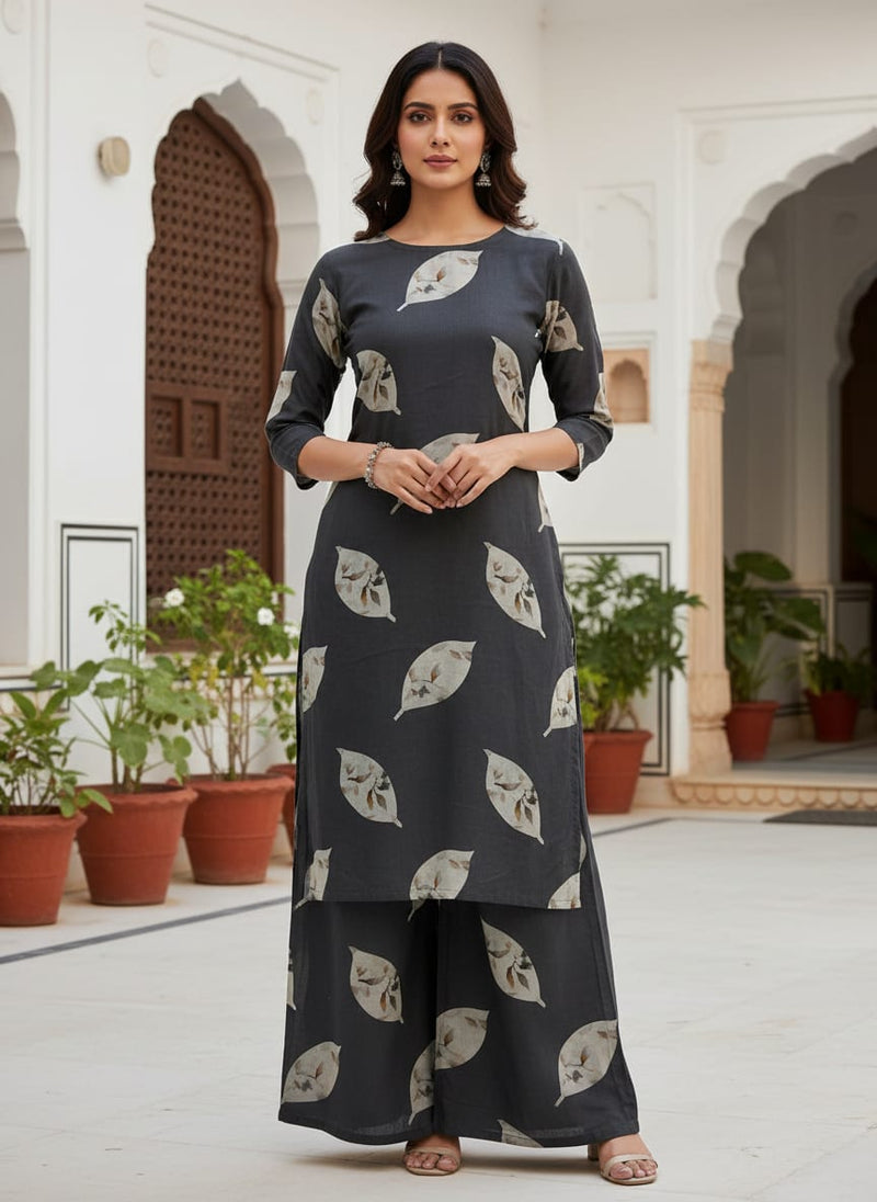 Grey Contemporary Botanical Leaf Pure Cotton Digital Printed Fabric