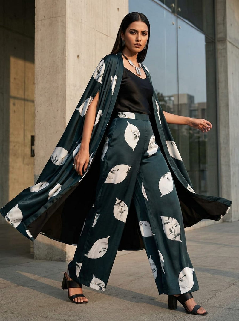 Black Stylized Botanical Leaf Print Japan Satin Digital Printed Fabric