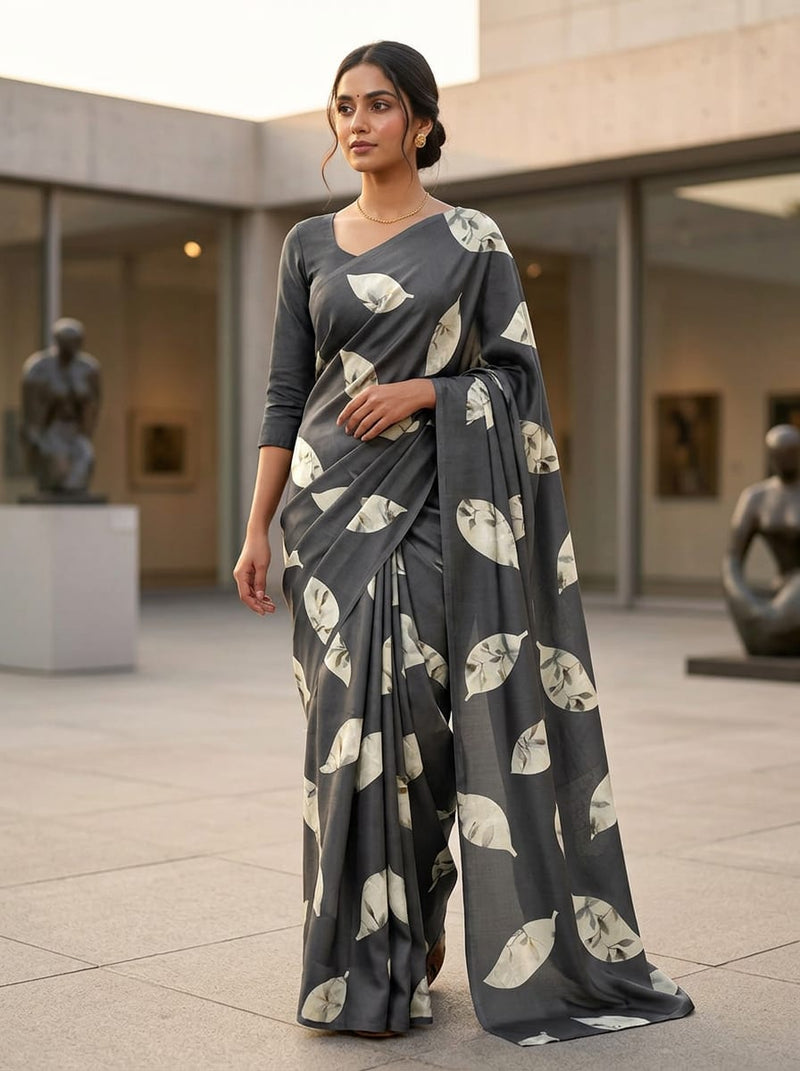 Grey Watercolor Botanical Leaf Kora Silk Digital Printed Fabric