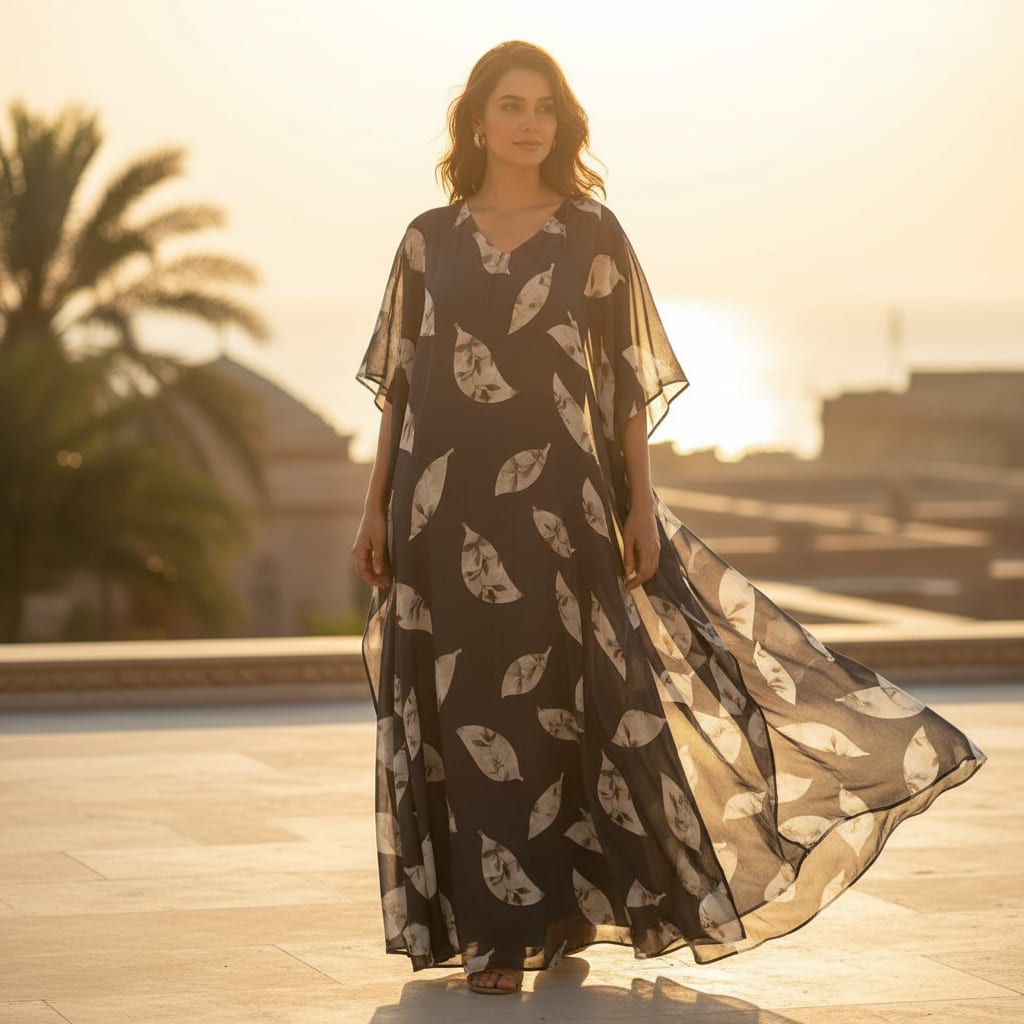 Leaves Print On Dark Grey Base Digital Printed Fabric