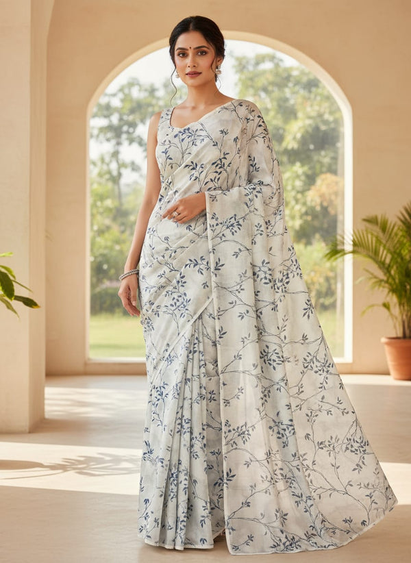 Grey Watercolour Botanical Vines Japan Satin Digital Printed Fabric - Saree Lookbook - JS-0-TA01286-110 - alternate view