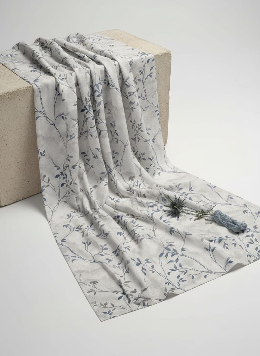 Grey Watercolour Botanical Vines Japan Satin Digital Printed Fabric