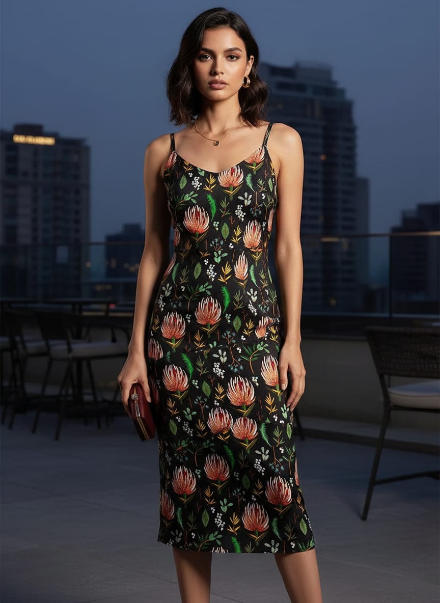 Black Protea Floral and Botanical Silk Crepe Digital Printed Fabric