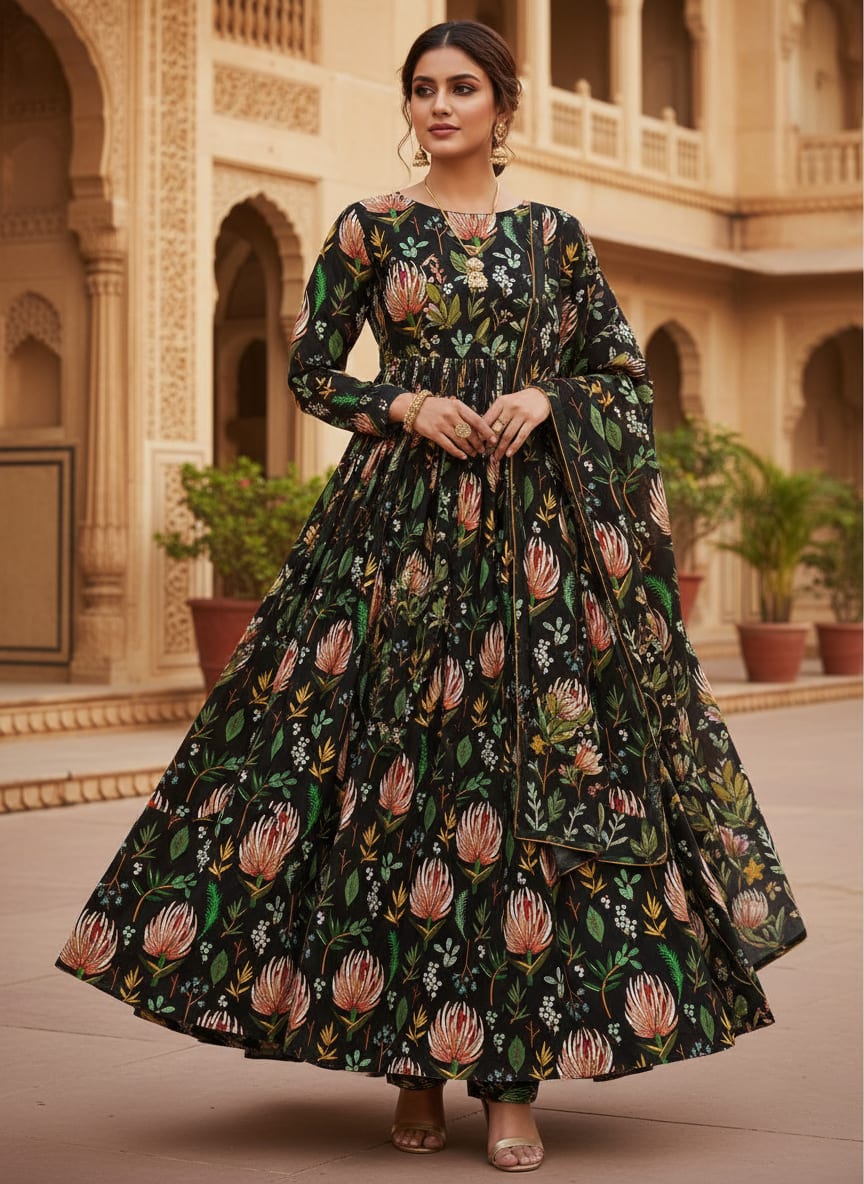 Black Protea Floral and Botanical Silk Crepe Digital Printed Fabric