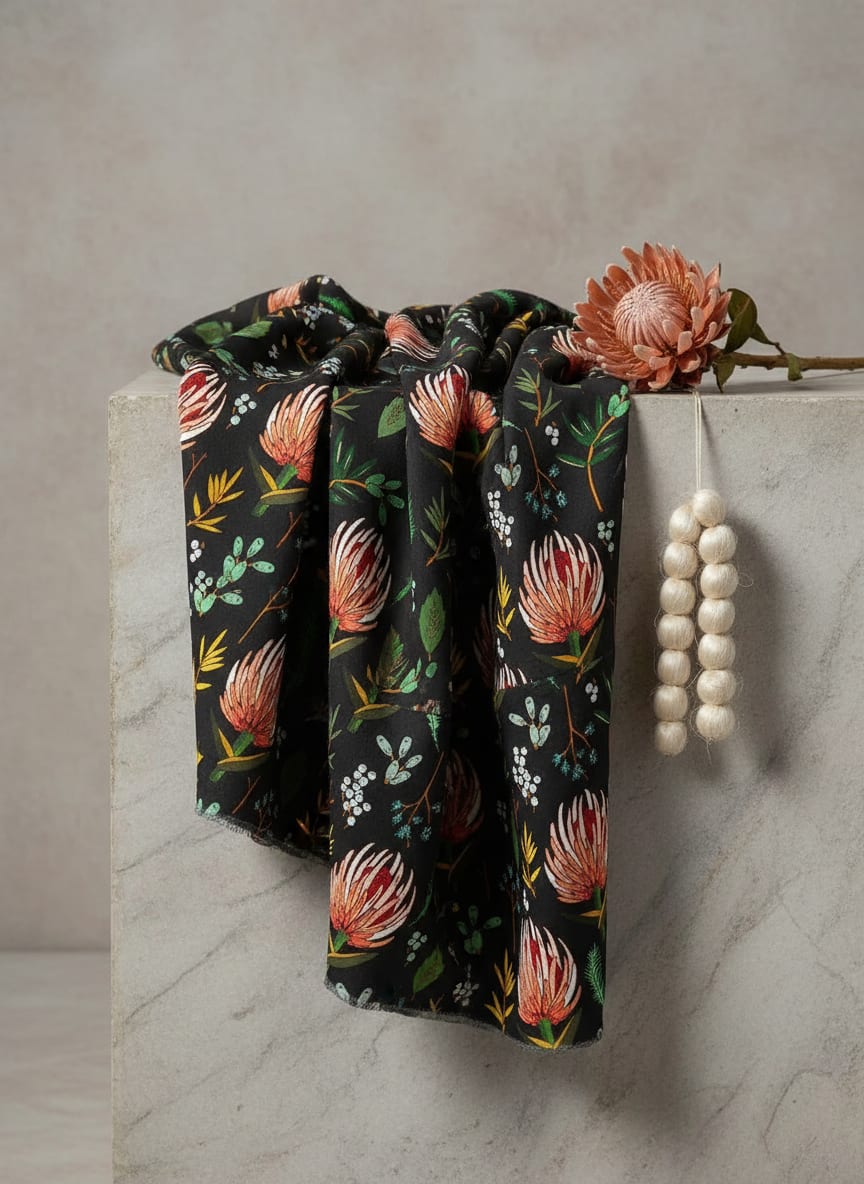 Black Protea Floral and Botanical Silk Crepe Digital Printed Fabric