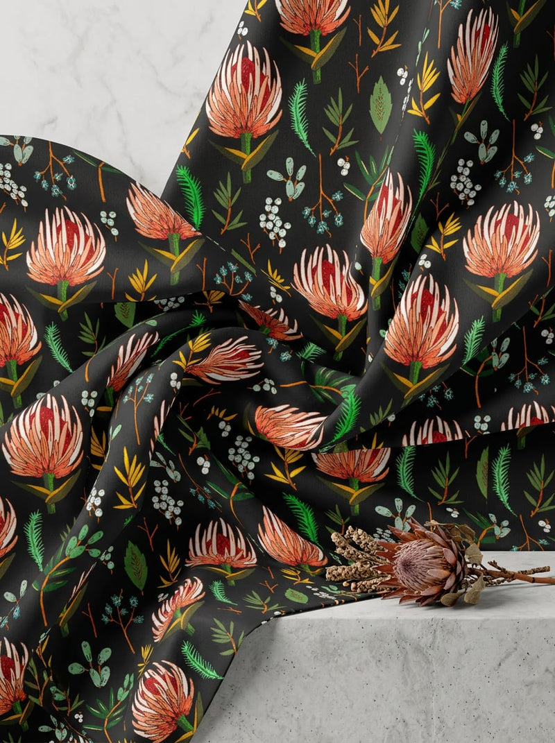 Multicolor Protea Floral Botanical Japan Satin Digital Printed Fabric