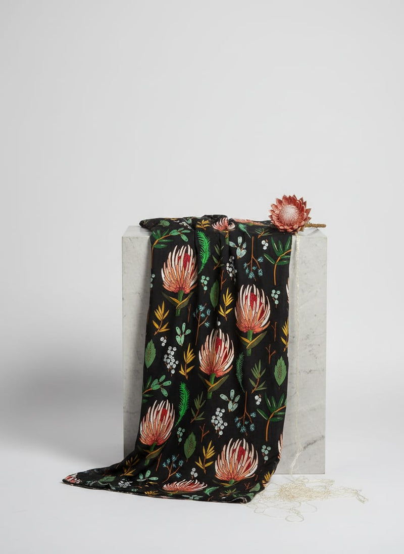 Black Exotic Floral and Botanical Muslin Digital Printed Fabric