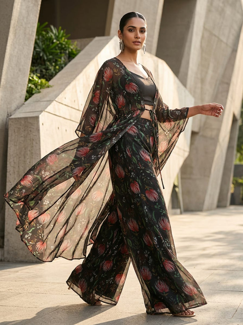 Black Exotic Red Floral Botanical Pure Chiffon Digital Printed Fabric