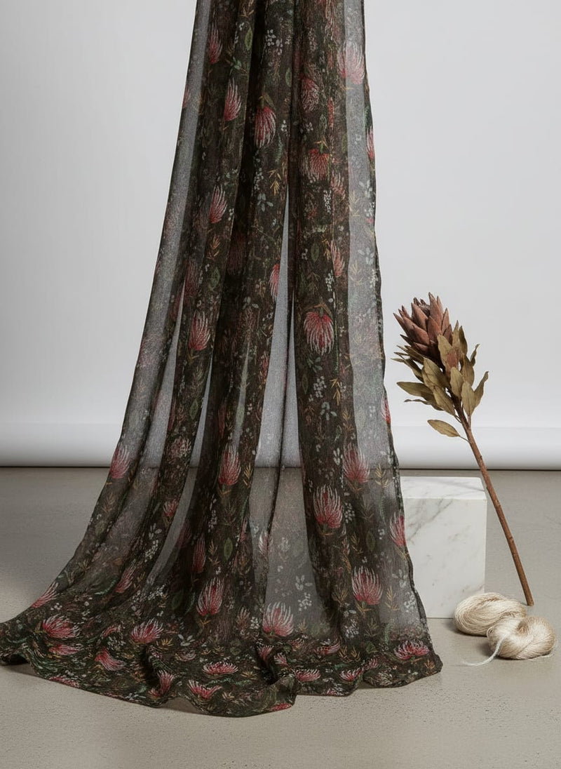 Black Exotic Red Floral Botanical Pure Chiffon Digital Printed Fabric