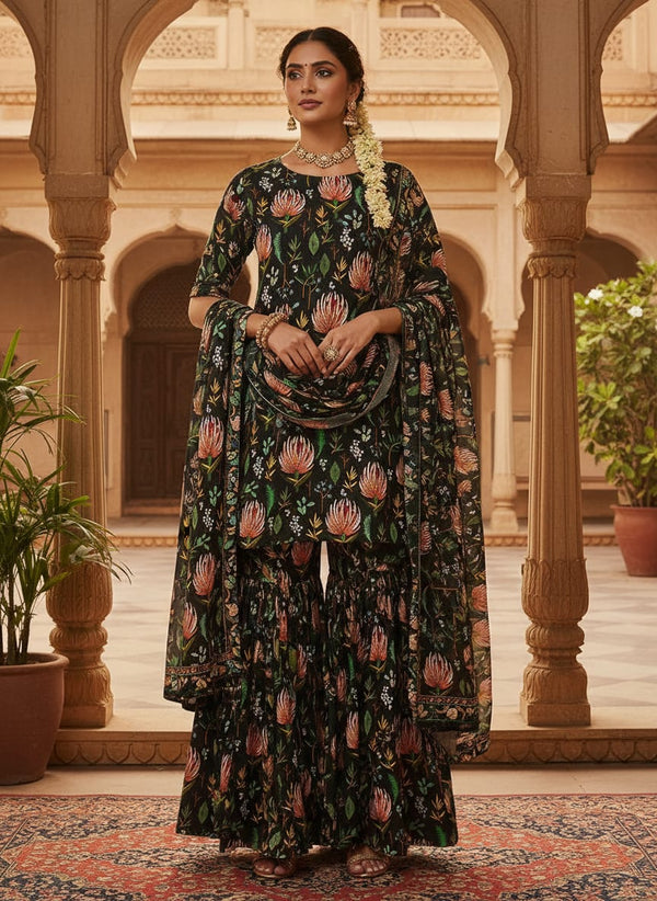 Multicolor Exotic Botanical Floral Pure Chinon Digital Printed Fabric - Sharara Set Lookbook - PC-0-TA01071-106 - alternate view