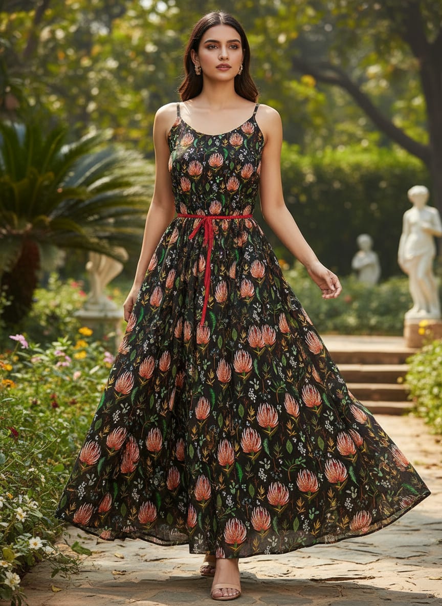 Black Exotic Protea Floral Pure Georgette Digital Printed Fabric