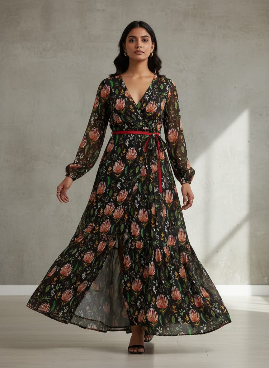 Black Exotic Protea Floral Pure Georgette Digital Printed Fabric