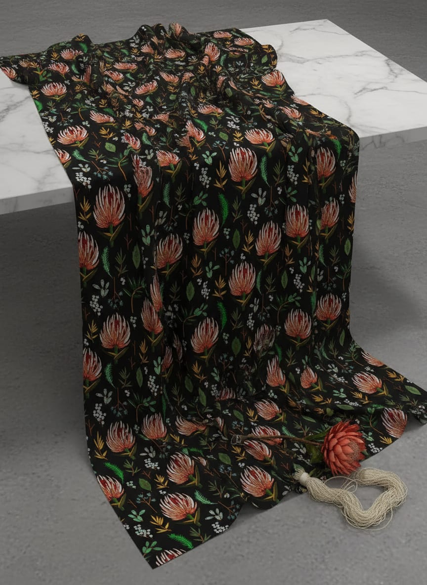Black Exotic Protea Floral Pure Georgette Digital Printed Fabric