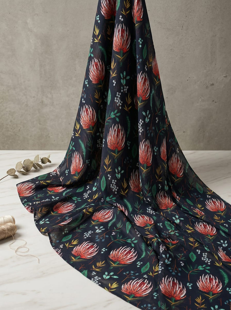 Multicolor Exotic Protea Floral Weightless Digital Printed Fabric