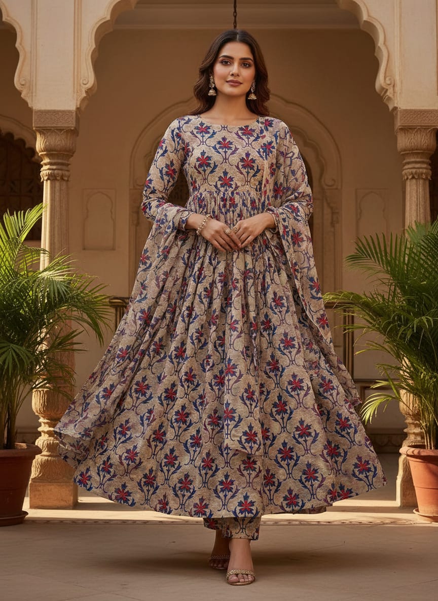 Multicolor Ethnic Damask Floral Pattern Silk Crepe Digital Printed Fabric