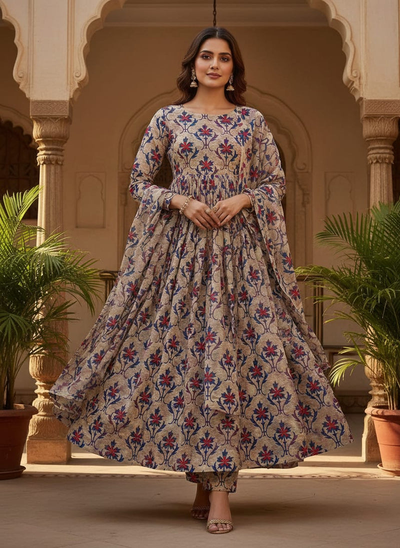 Multicolor Ethnic Damask Floral Pattern Silk Crepe Digital Printed Fabric