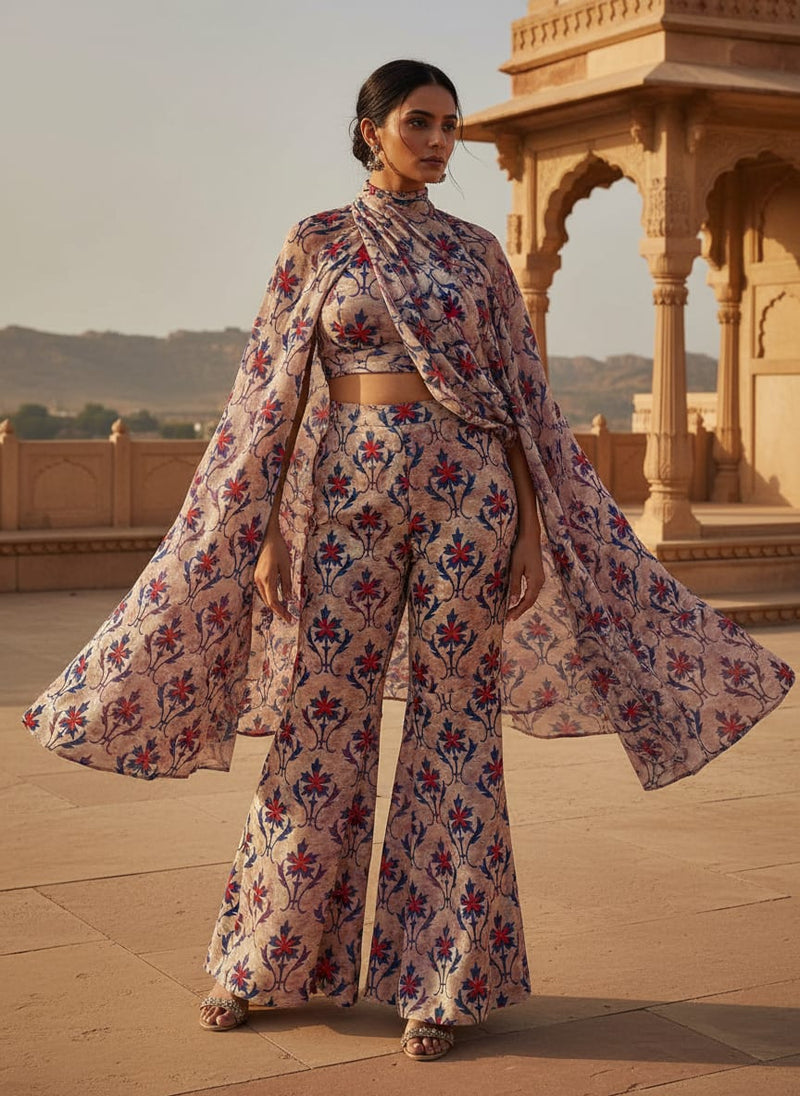 Multicolor Ethnic Damask Floral Pattern Silk Crepe Digital Printed Fabric