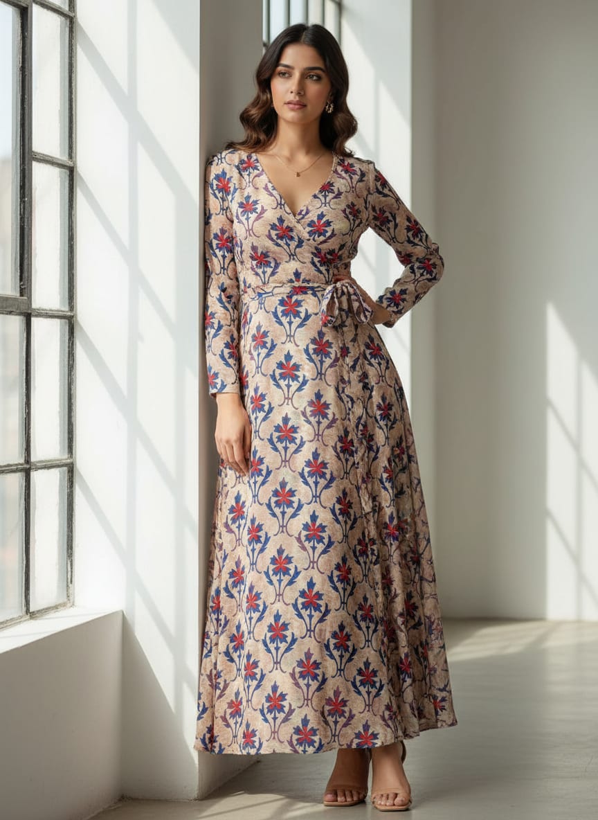 Multicolor Ethnic Damask Floral Pattern Silk Crepe Digital Printed Fabric