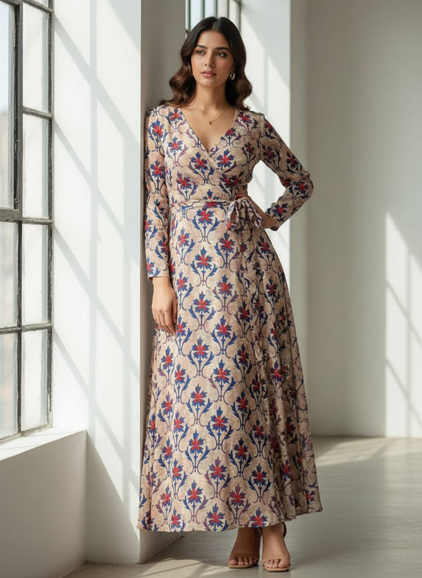 Multicolor Ethnic Damask Floral Pattern Silk Crepe Digital Printed Fabric - Wrap Dress Lookbook - CR-0-TA01126-110 - alternate view