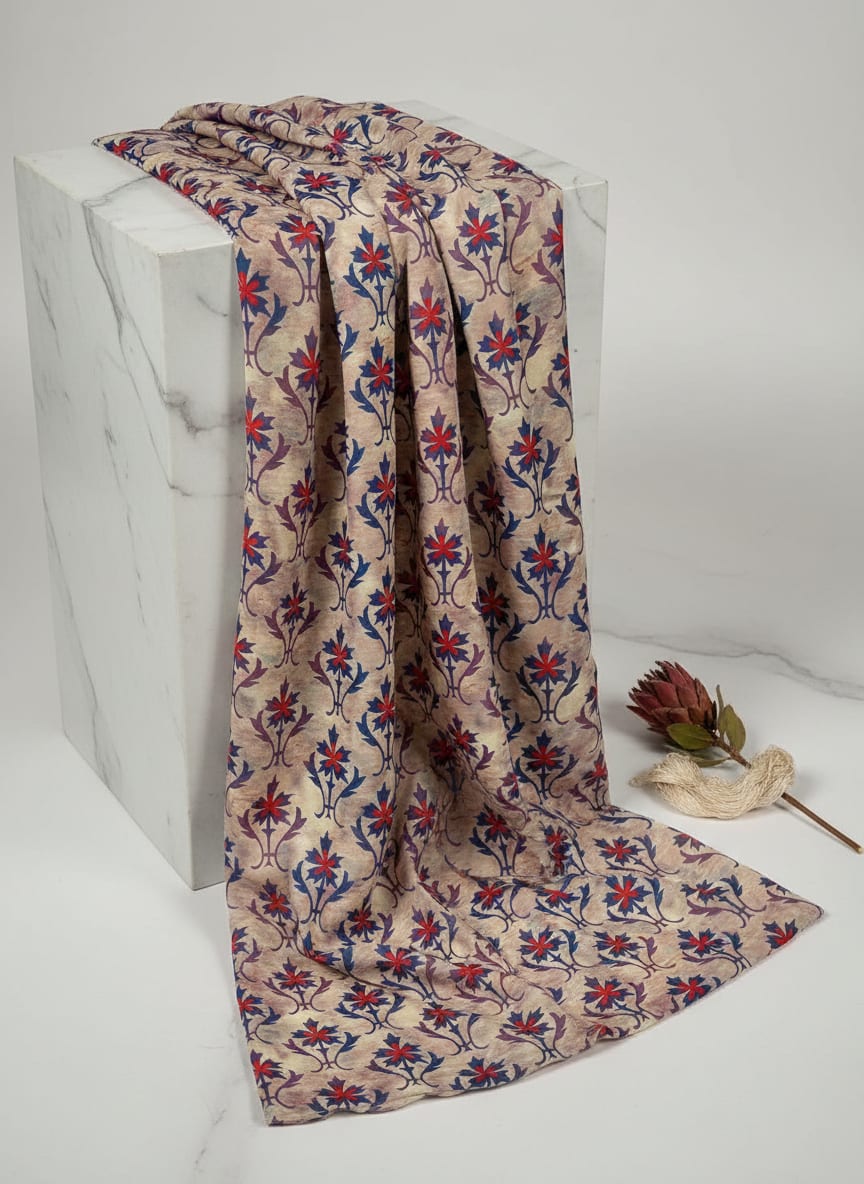 Multicolor Ethnic Damask Floral Japan Satin Digital Printed Fabric