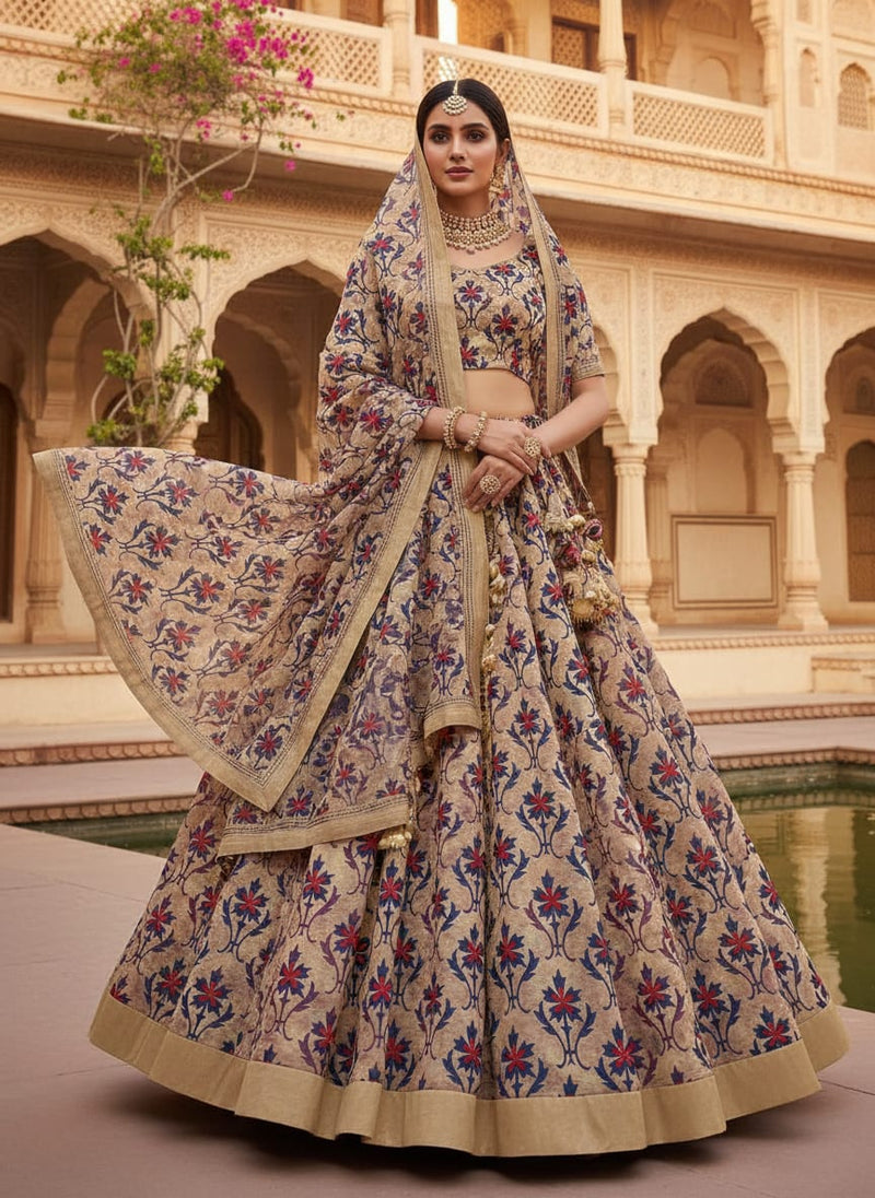 Multicolor Ethnic Damask Floral Kora Silk Digital Printed Fabric