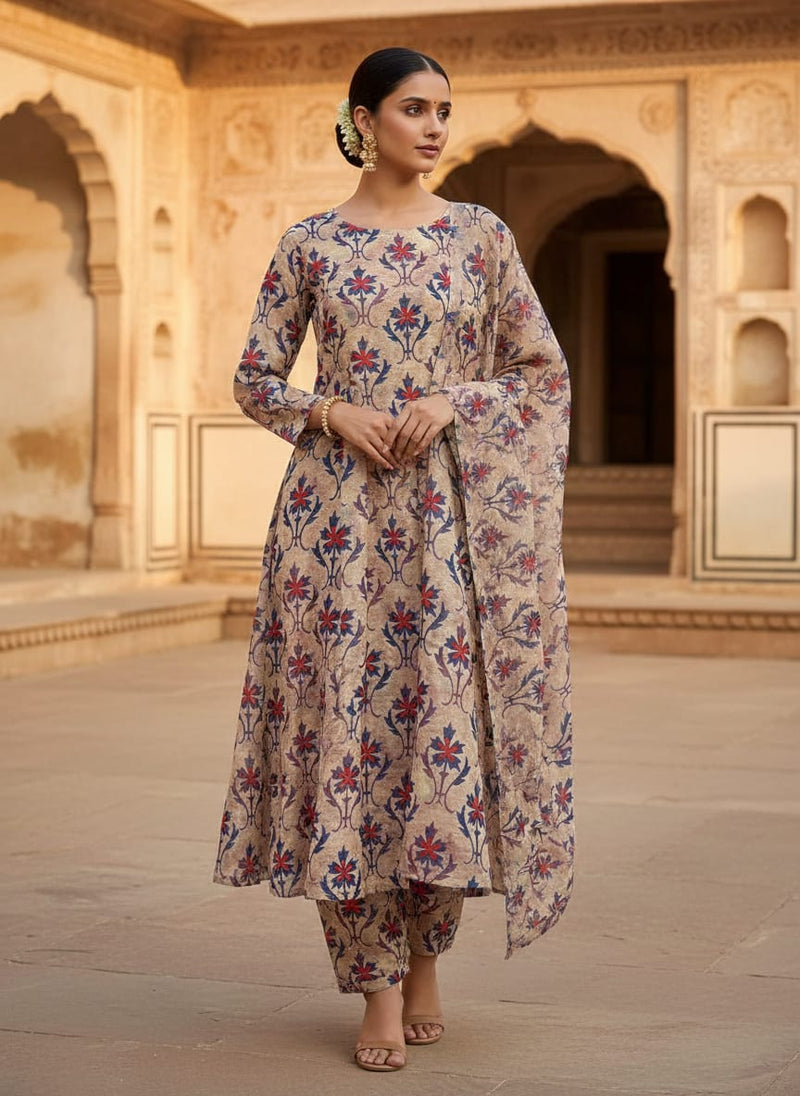 Multicolor Ethnic Damask Floral Kora Silk Digital Printed Fabric