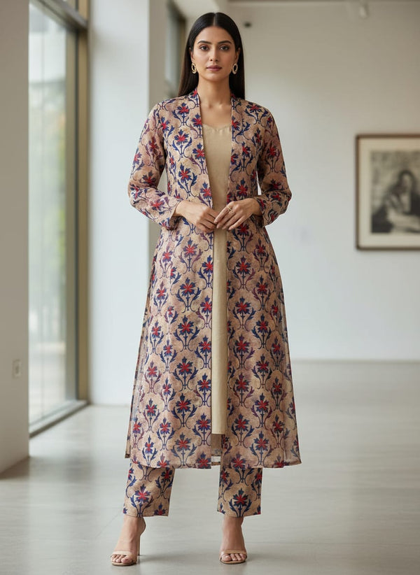 Multicolor Ethnic Damask Floral Kora Silk Digital Printed Fabric - Jacket Kurta with Straight Pants Lookbook - KS-0-TA01126-110 - alternate view