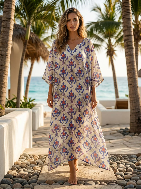 Multicolor Ethnic Stylized Floral Damask Muslin Digital Printed Fabric - Kaftan Lookbook - MU-0-TA01126-110 - alternate view