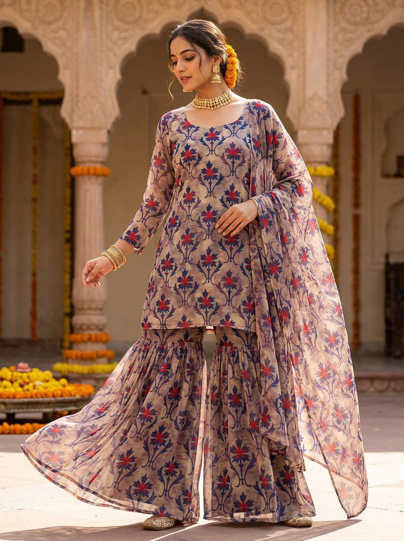 Multicolor Ethnic Damask Floral Pure Chiffon Digital Printed Fabric