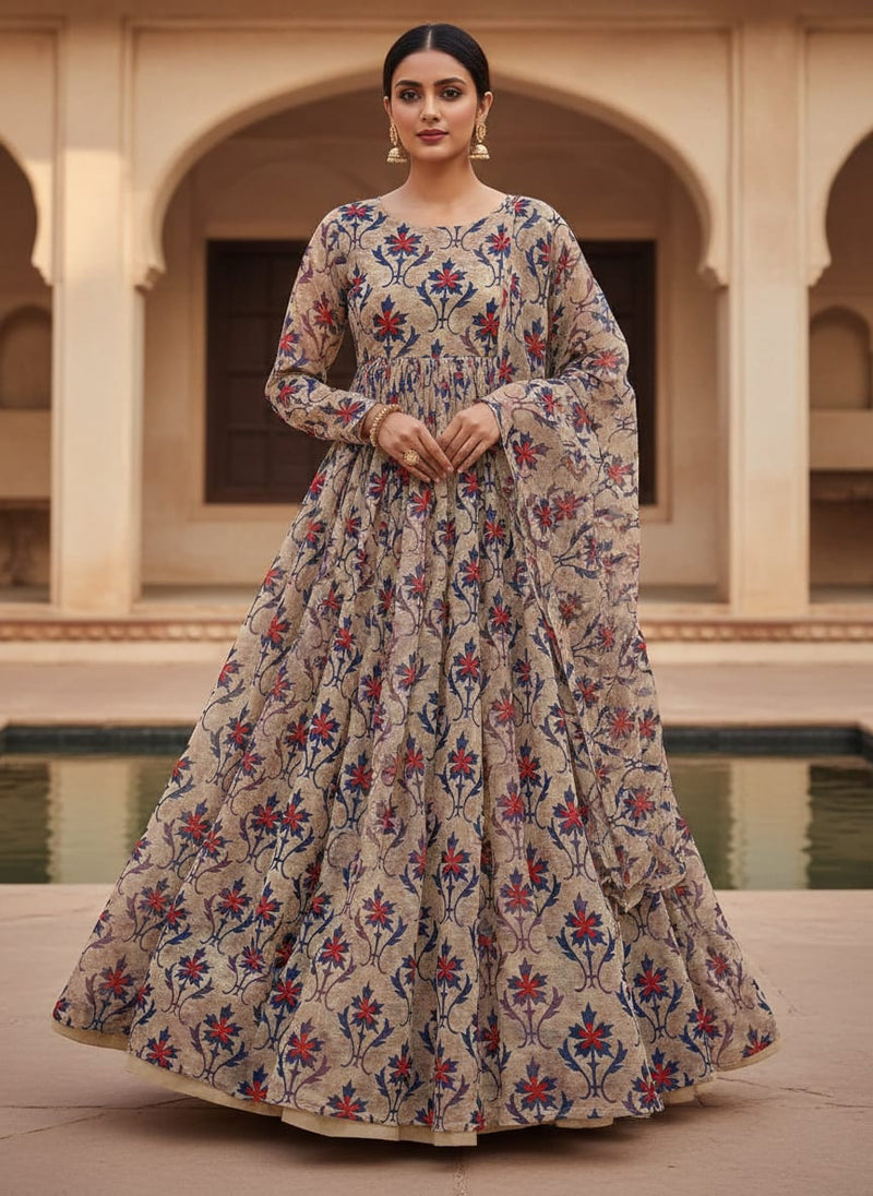 Multicolor Ethnic Damask Floral Pure Chiffon Digital Printed Fabric