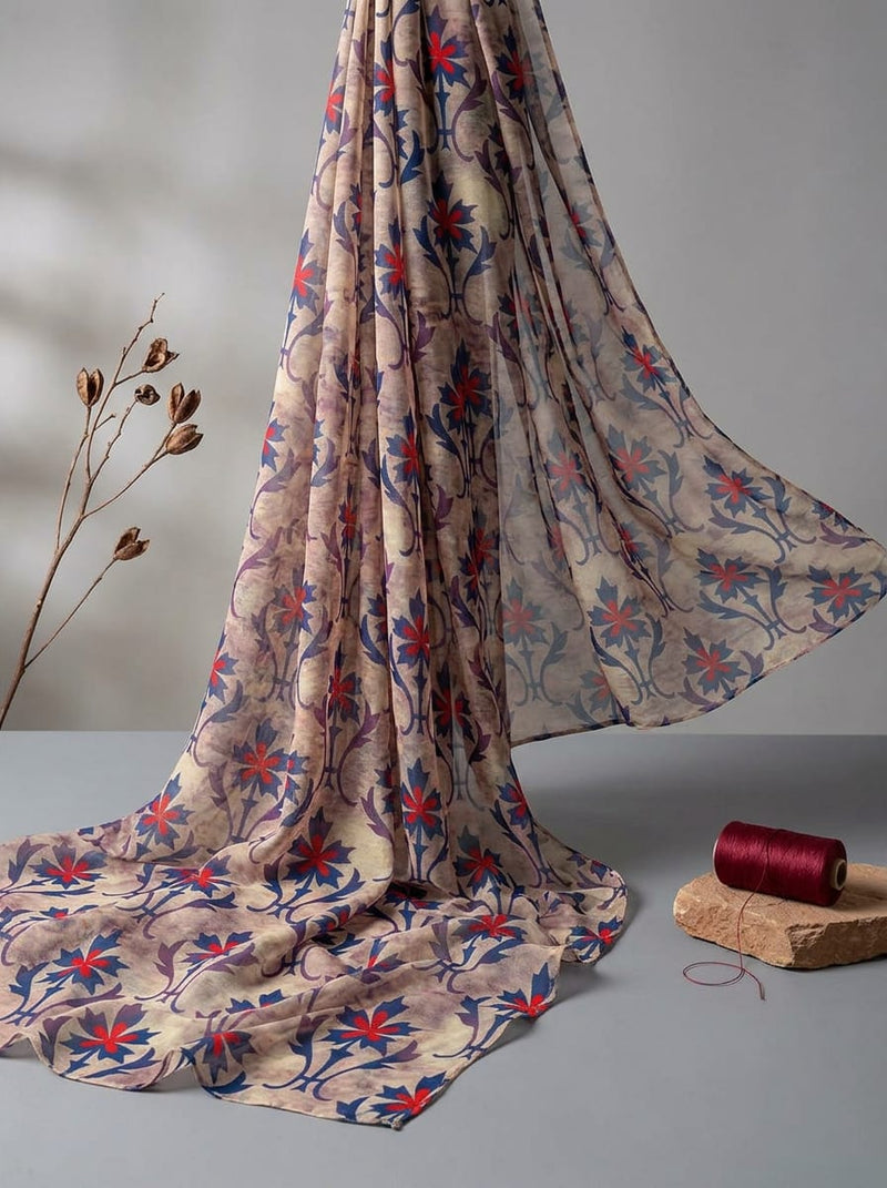 Multicolor Ethnic Damask Floral Pure Chiffon Digital Printed Fabric