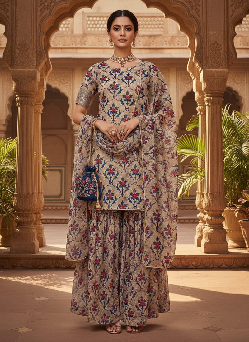 Multicolor Ethnic Damask Floral Pure Chiffon Digital Printed Fabric