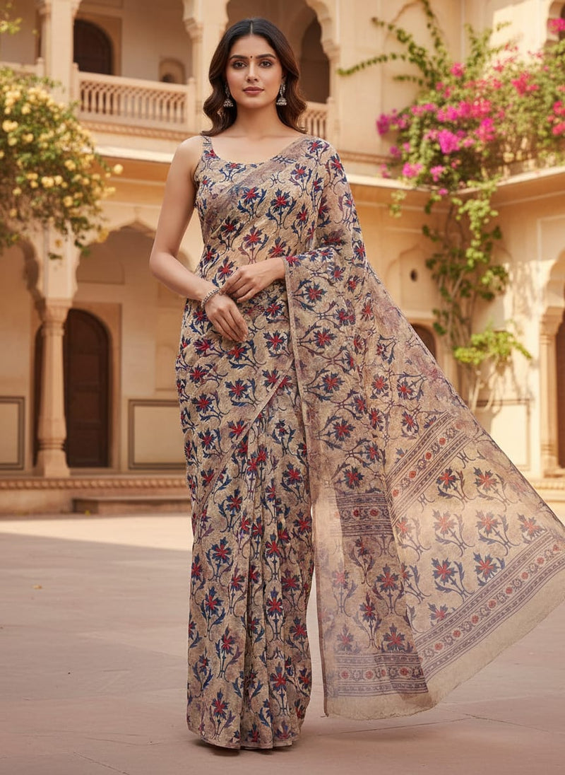 Multicolor Ethnic Damask Floral Pure Chinon Digital Printed Fabric