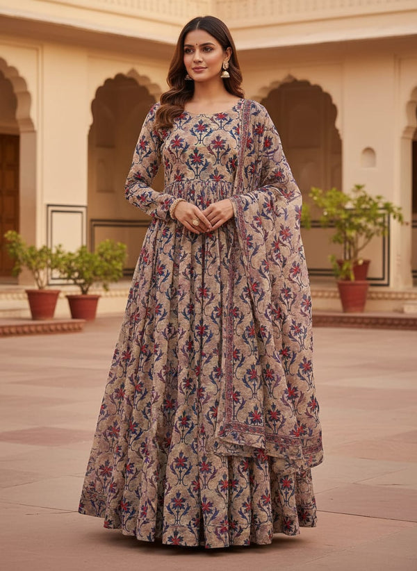 Multicolor Ethnic Damask Floral Pure Chinon Digital Printed Fabric - Anarkali Kurta Set Lookbook - PC-0-TA01126-106 - alternate view