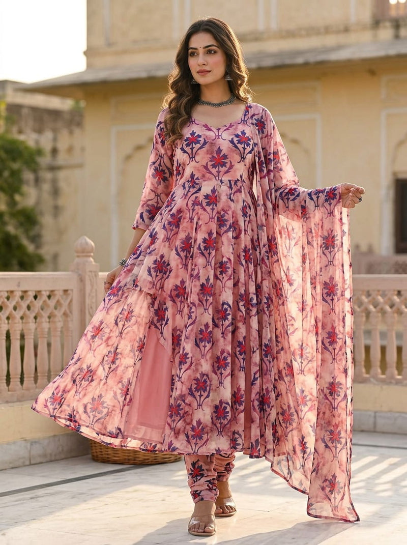 Multicolor Ethnic Floral Damask Pure Georgette Digital Printed Fabric