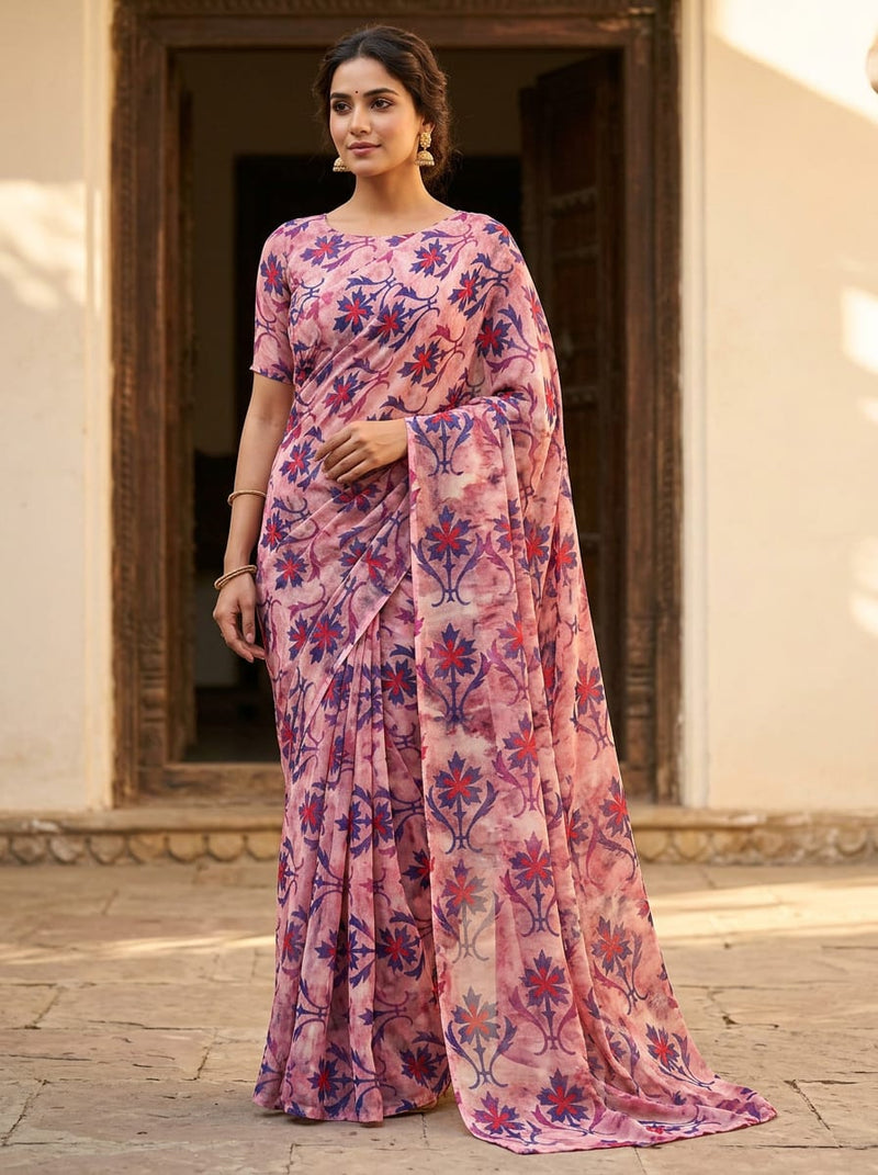 Multicolor Ethnic Floral Damask Pure Georgette Digital Printed Fabric