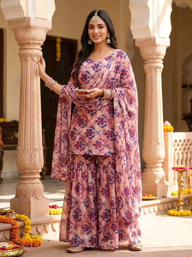 Multicolor Ethnic Floral Damask Pure Georgette Digital Printed Fabric