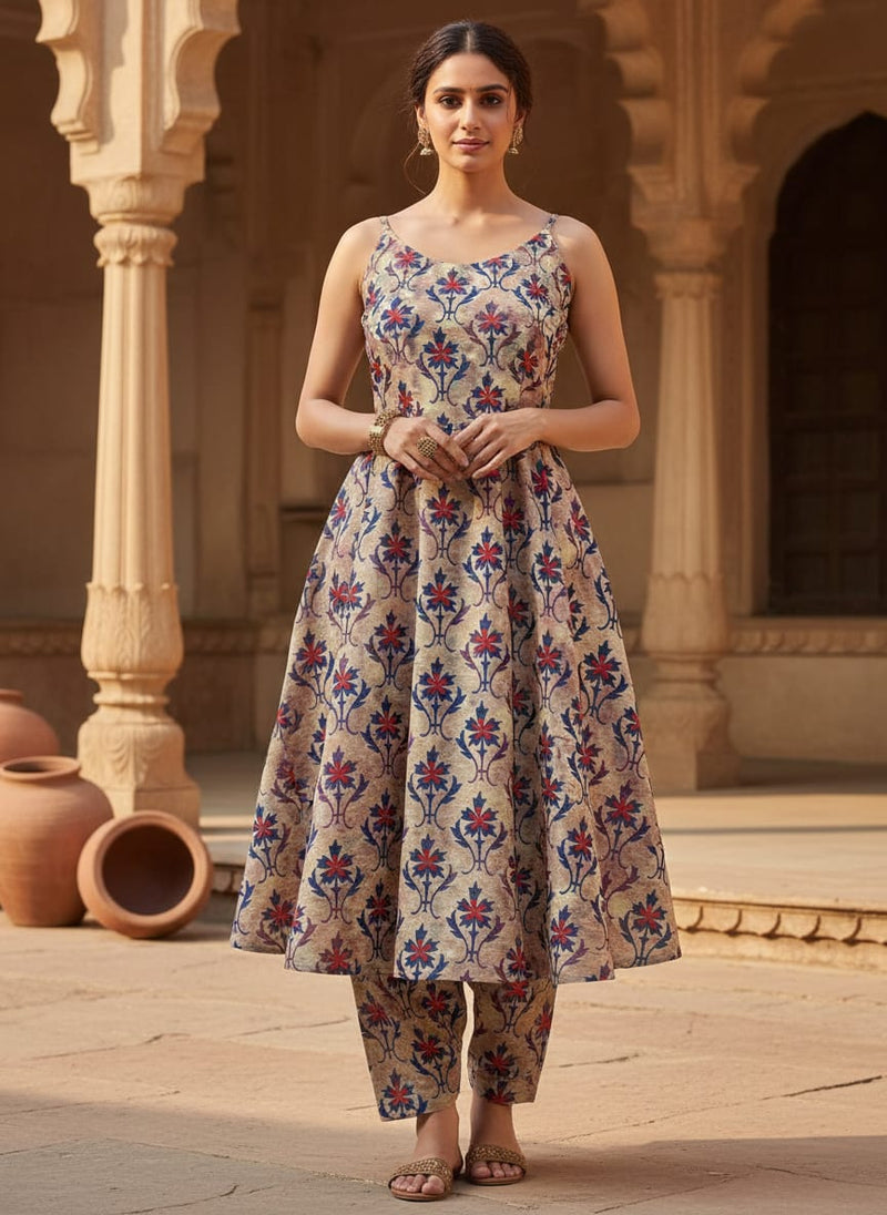 Multicolor Ethnic Damask Floral Pattern Tusser Silk Digital Printed Fabric