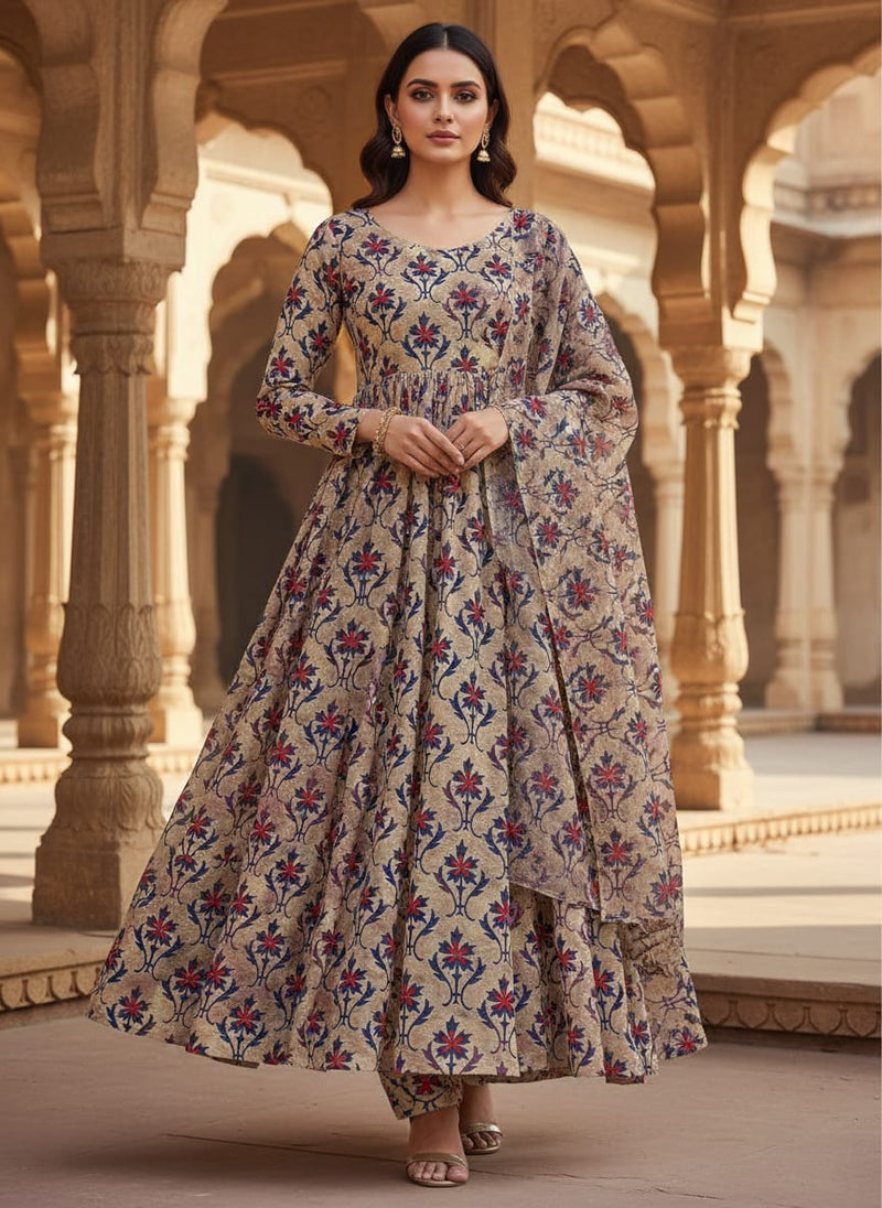 Multicolor Ethnic Damask Floral Pattern Tusser Silk Digital Printed Fabric