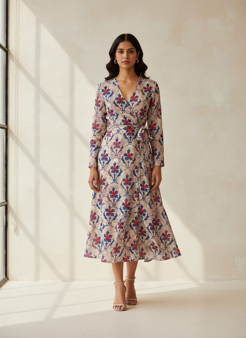 Multicolor Ethnic Damask Floral Pattern Tusser Silk Digital Printed Fabric
