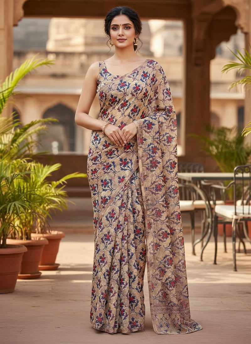 Multicolor Ethnic Damask Floral Pattern Tusser Silk Digital Printed Fabric