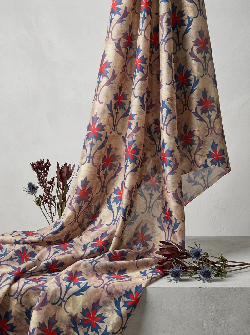 Multicolor Ethnic Damask Floral Pattern Tusser Silk Digital Printed Fabric