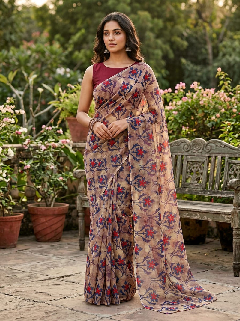 Multicolor Ethnic Damask Floral Weightless Digital Printed Fabric