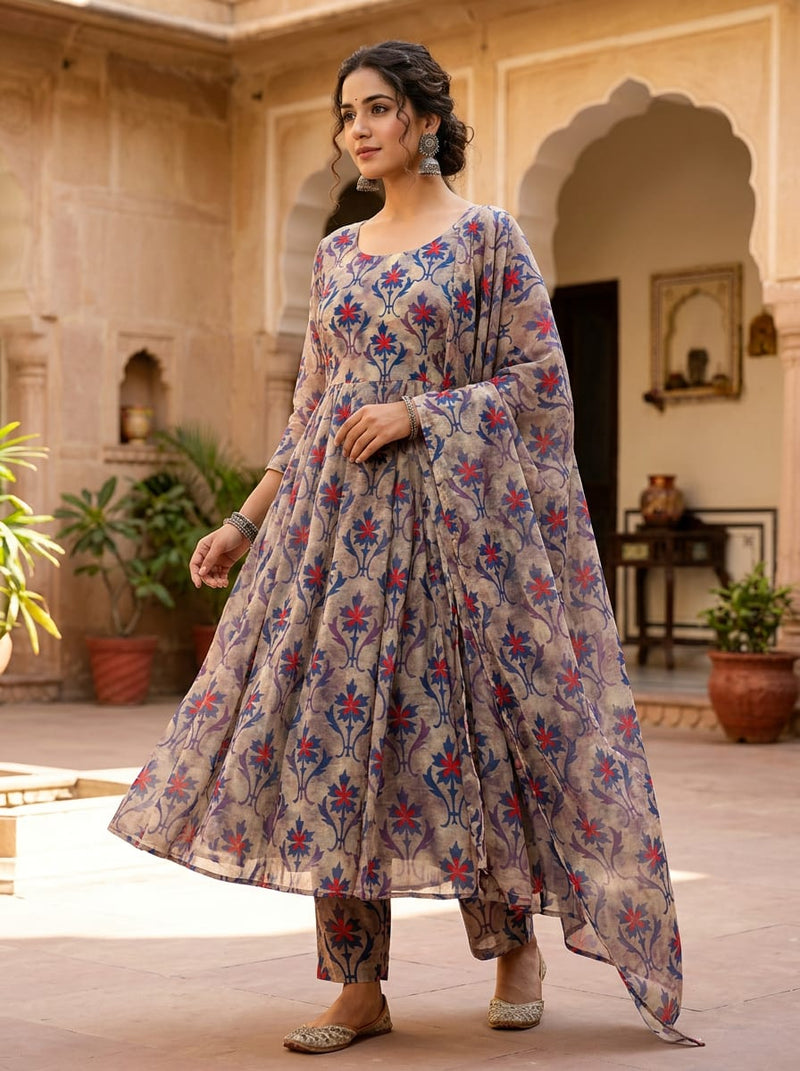 Multicolor Ethnic Damask Floral Weightless Digital Printed Fabric