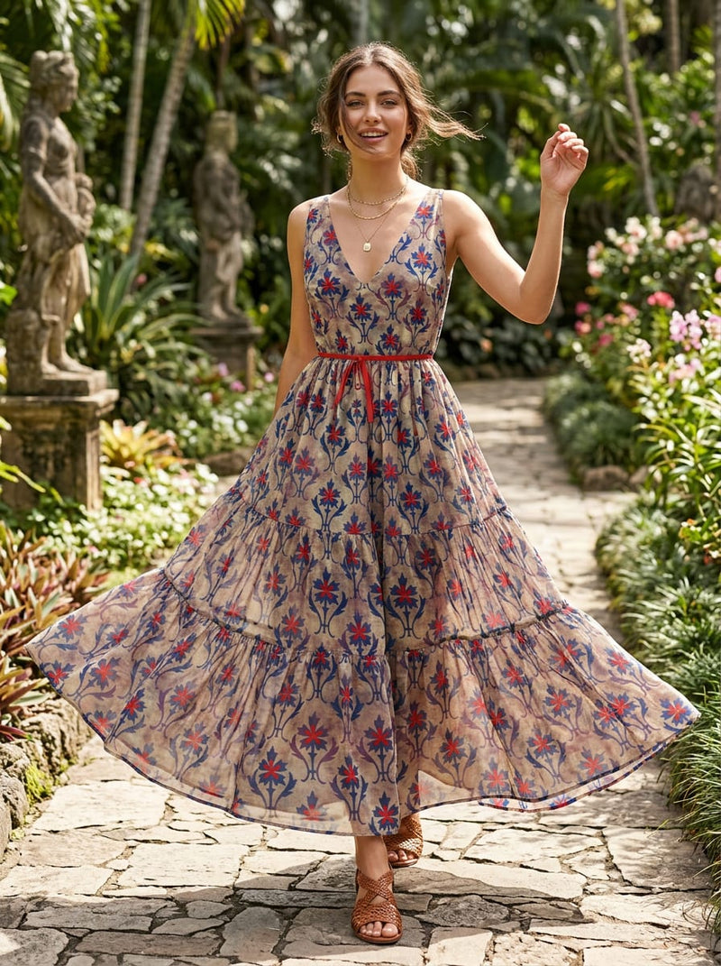 Multicolor Ethnic Damask Floral Weightless Digital Printed Fabric