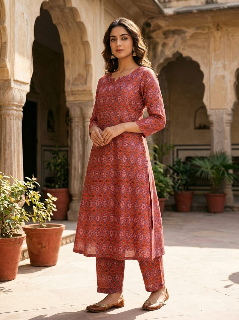 Red Ethnic Ikat Style Diamond Pattern Tusser Silk Digital Printed Fabric