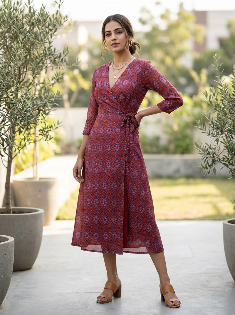 Red Ethnic Ikat Style Diamond Pattern Tusser Silk Digital Printed Fabric