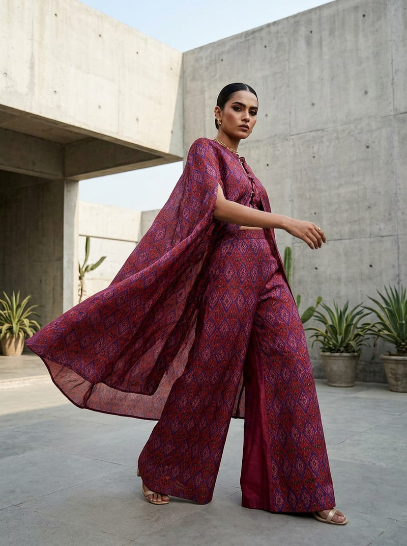 Red Ethnic Ikat Style Diamond Pattern Tusser Silk Digital Printed Fabric